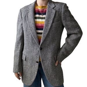 Vintage Harris Tweed Black Chevron Wool Woven in Scotland Sports Coat 40L